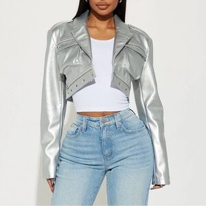 Fashion Nova Metallic Silver Cropped Faux Leather Jacket